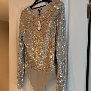 Express Glittering Silver Long Sleeve Bodysuit